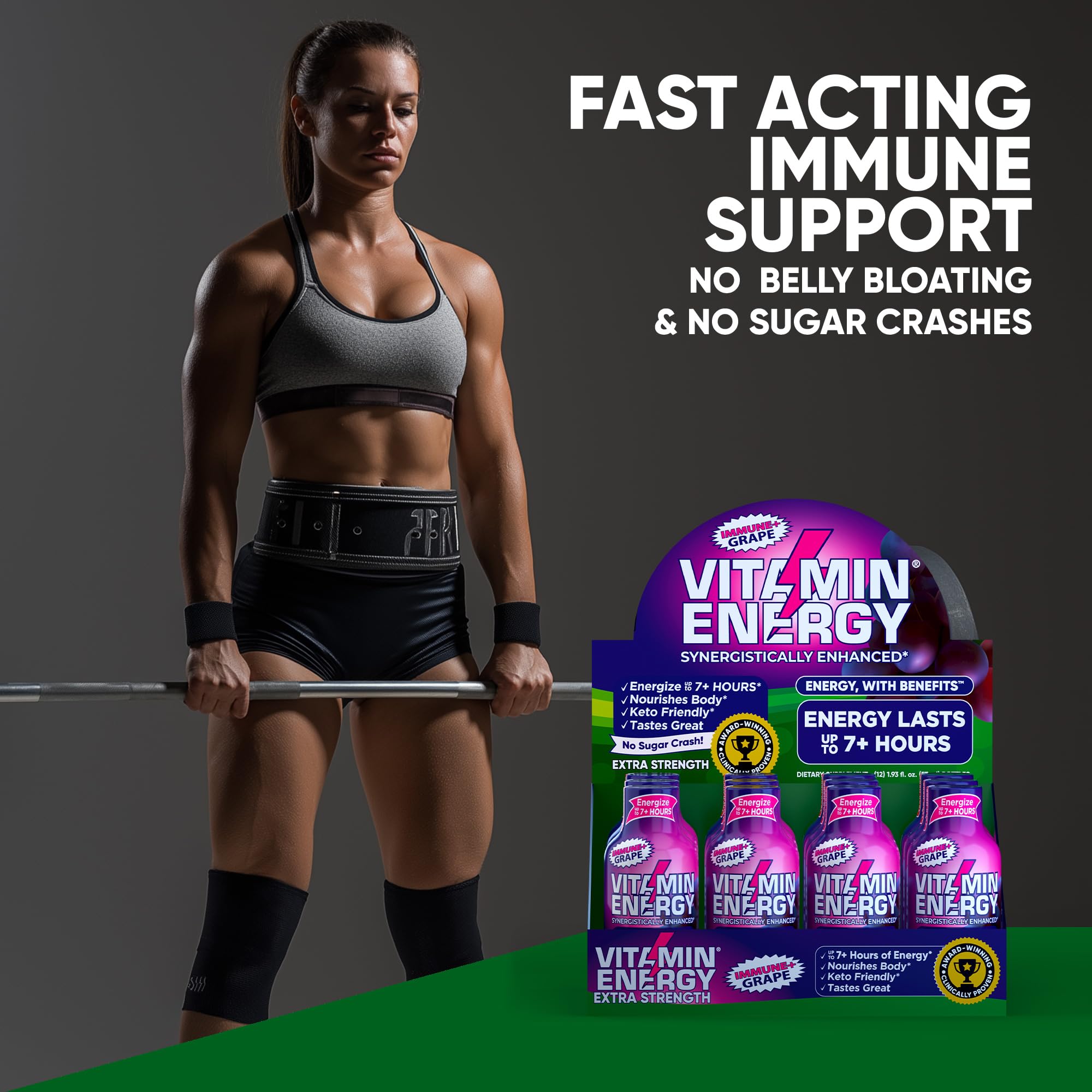 Vitamin Energy Immune+ bottle front with gluten-free and zero sugar claims.