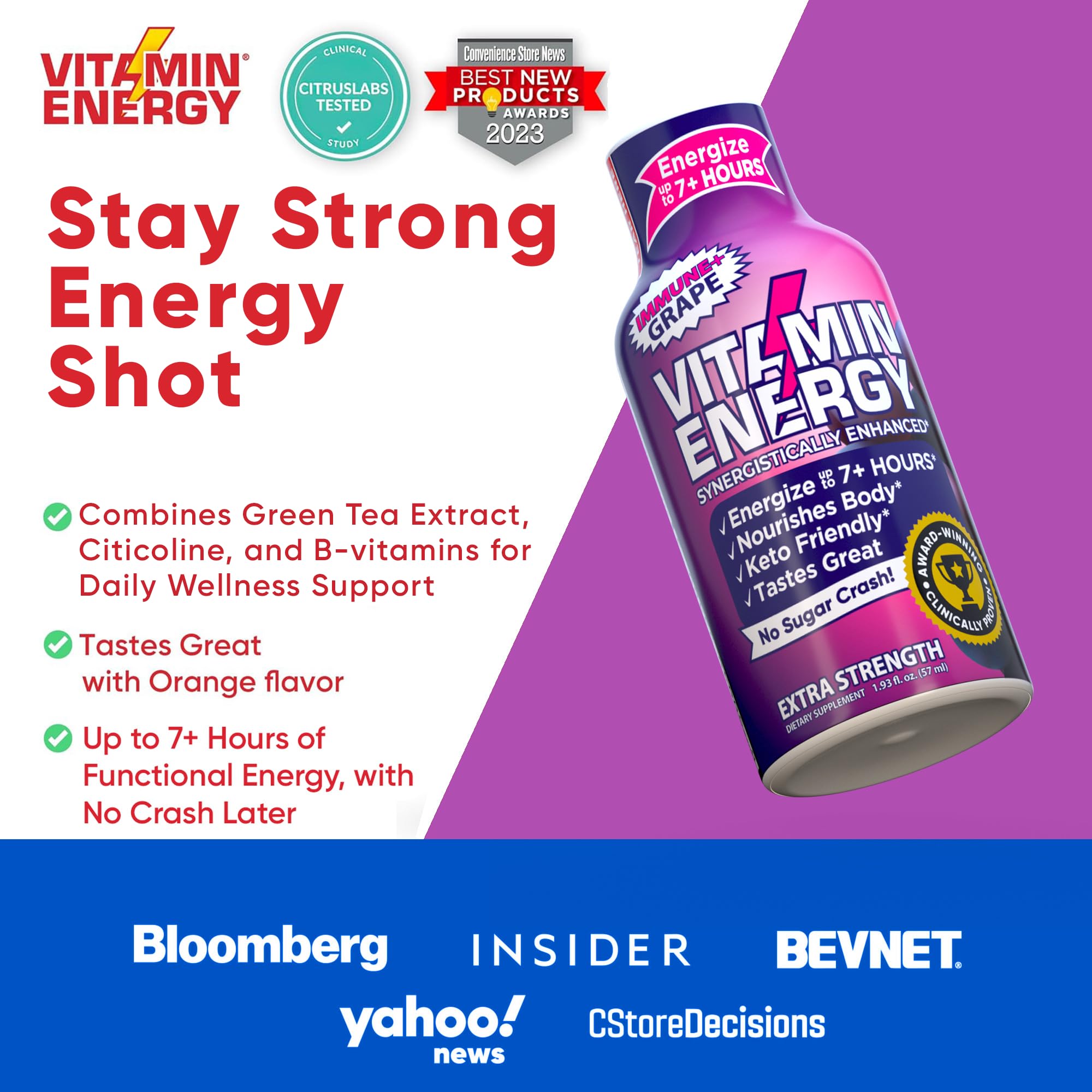 Vitamin Energy Immune+ packaging shows grape flavor and vibrant branding.