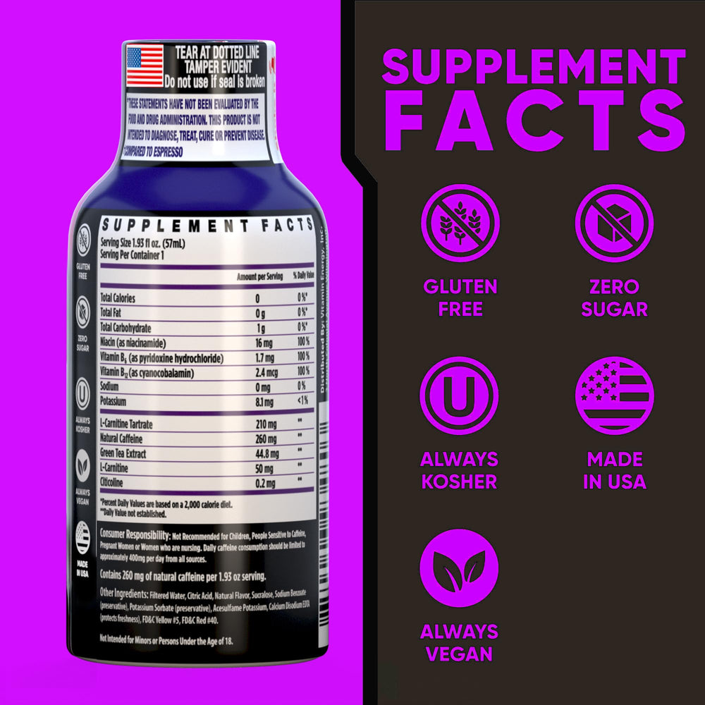 Vitamin Energy Immune+ grape shot 12-pack front view highlights grab-and-go energy.