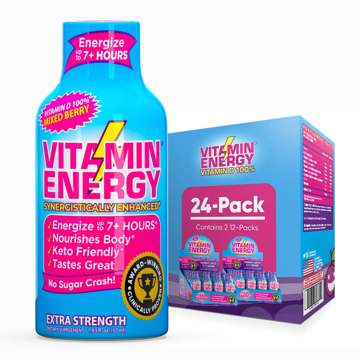 Vitamin Energy mixed berry shot bottle closeup highlighting natural caffeine for steady energy