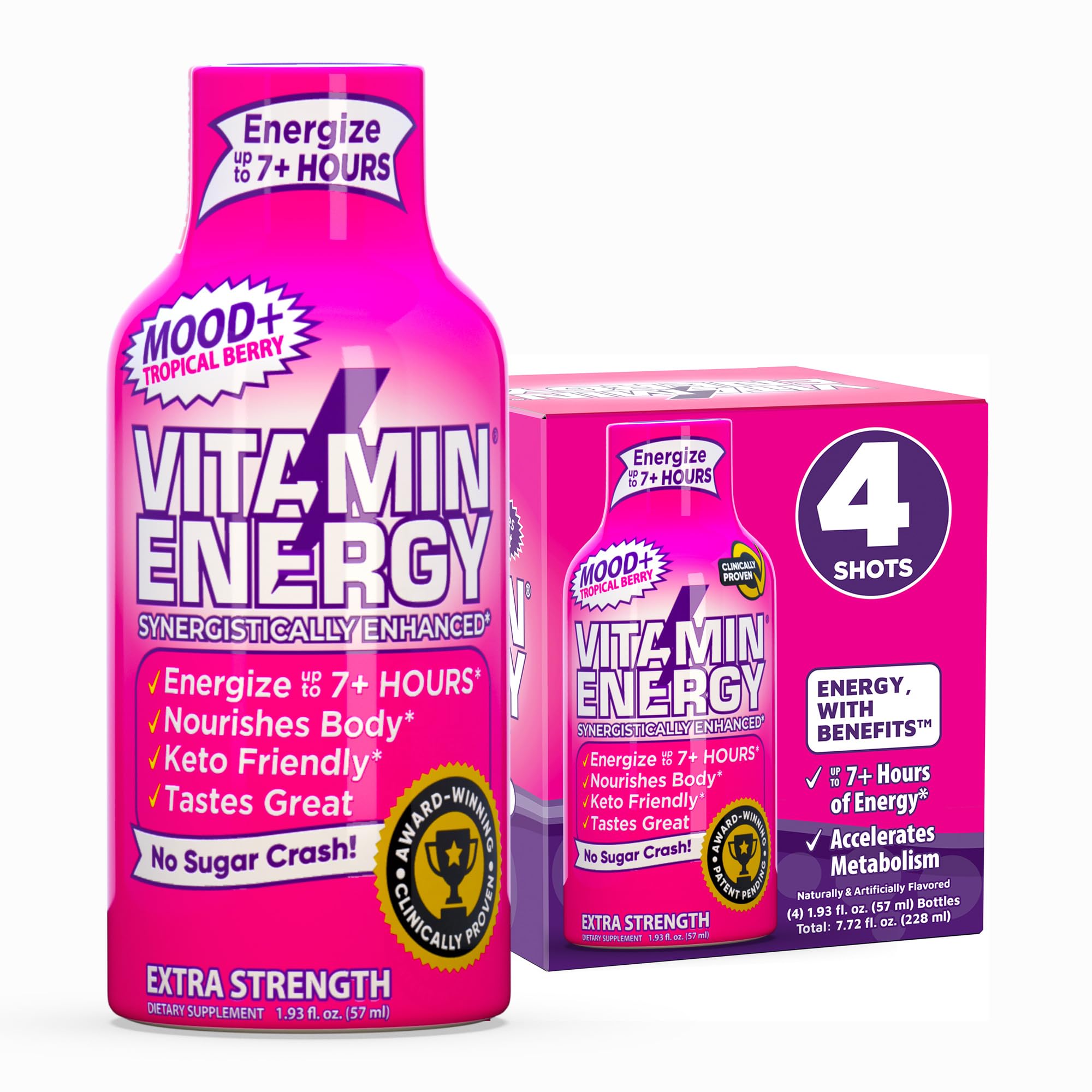 Vitamin Energy Mood+ Shot Tropical Berry: botella con etiqueta, aroma tropical y energía sostenida