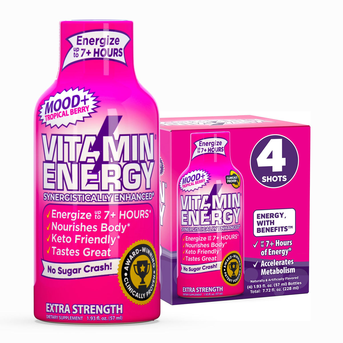 Vitamin Energy Mood+ Shot Tropical Berry: botella con etiqueta, aroma tropical y energía sostenida