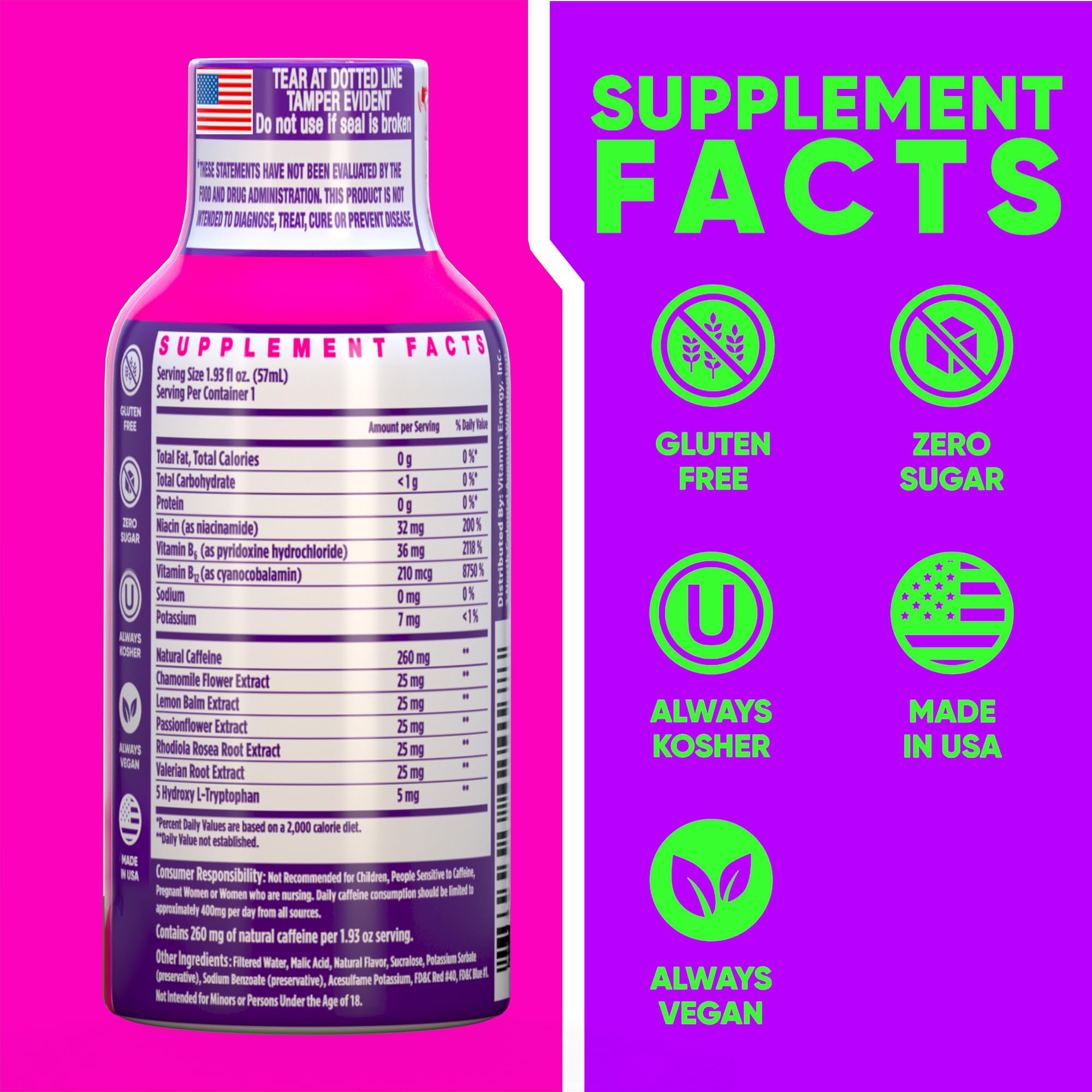 Vitamin Energy Mood+ Tropical Berry label close-up highlighting caffeine and botanicals