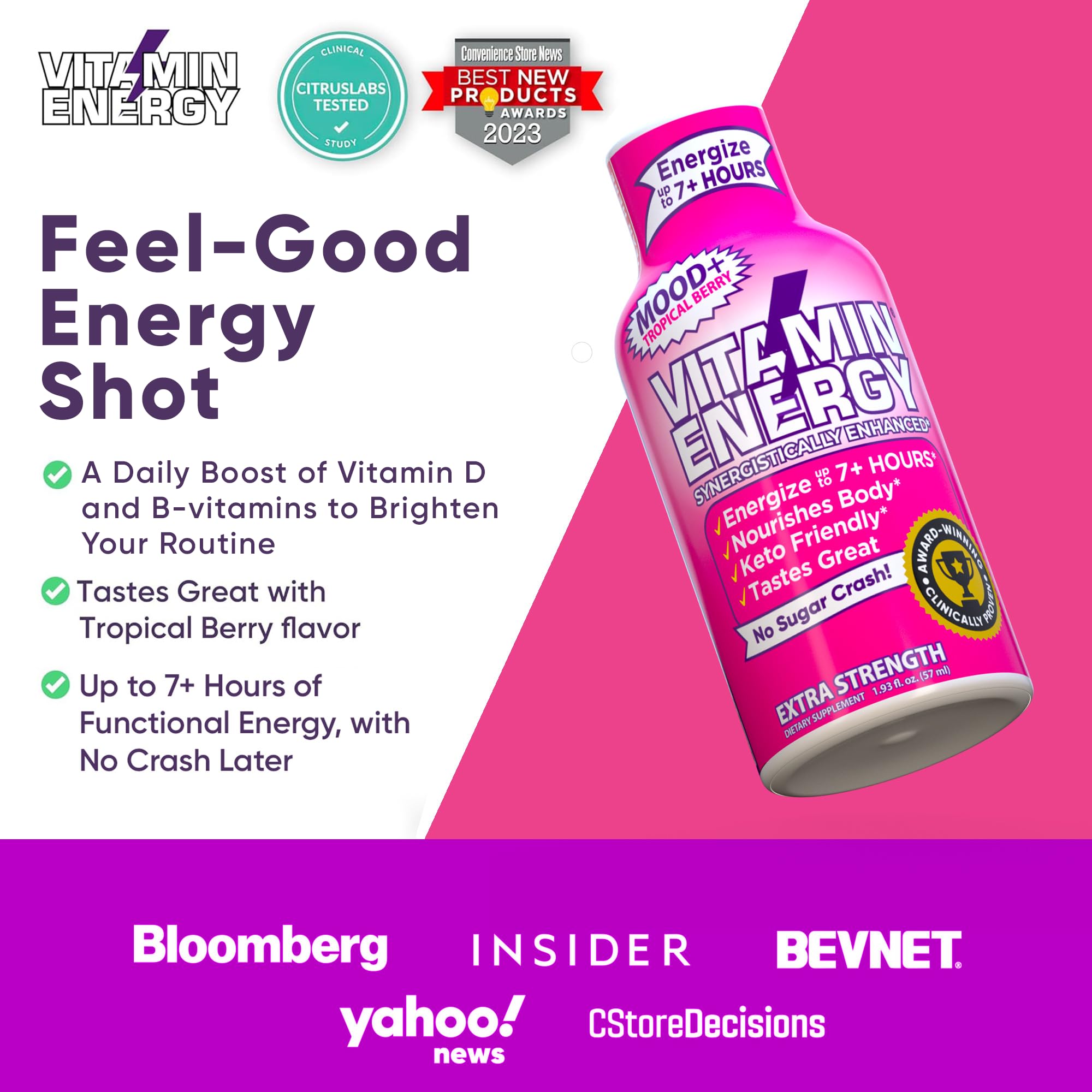 Vitamin Energy Mood+ Tropical Berry label detail with vegan and gluten-free notes
