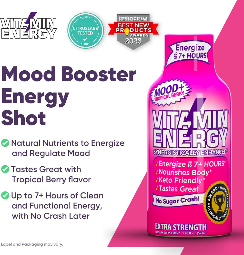 Vitamin Energy Mood+ Tropical Berry store display with product benefits