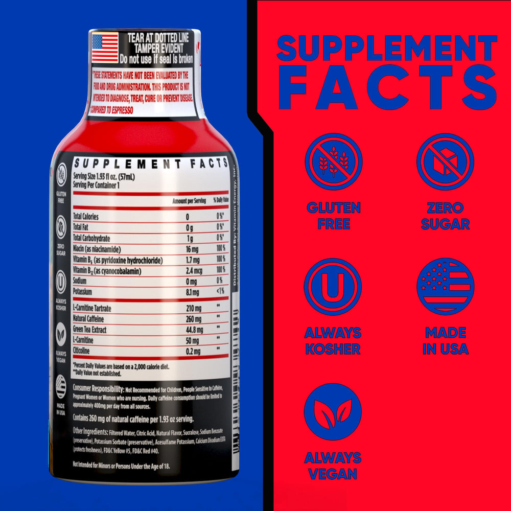 Vitamin Energy 260mg caffeine shot highlighting natural caffeine for focus