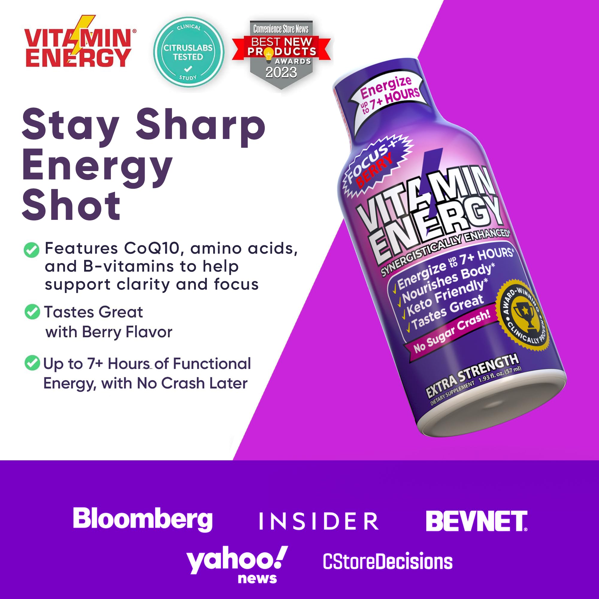 Vitamin Energy Shot Berry glass with ice looks refreshing and easy to sip.