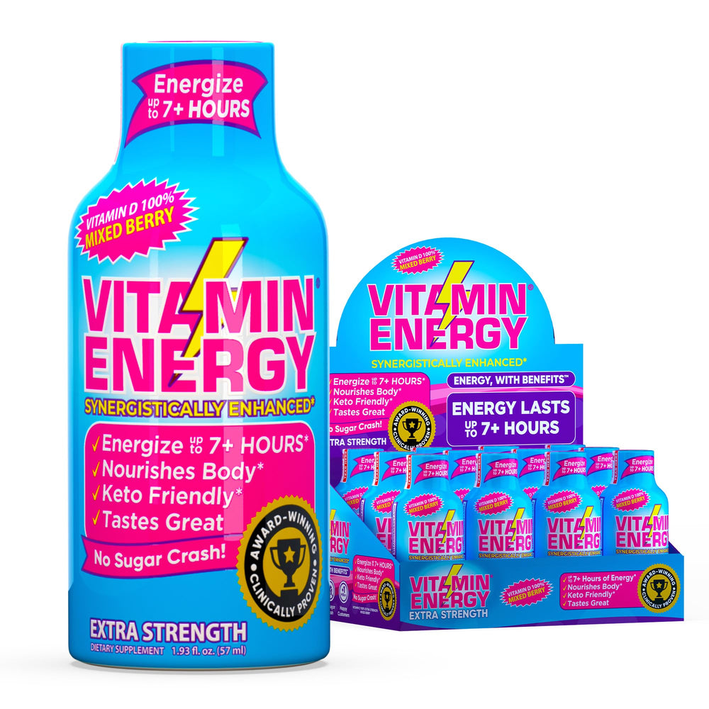 Vitamin Energy mixed berry bottle showcases convenient on-the-go energy