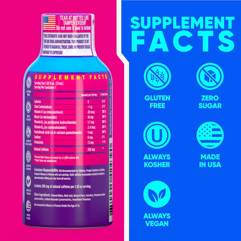 Vitamin Energy glass setup communicates on‑the‑go energy during work or workouts.
