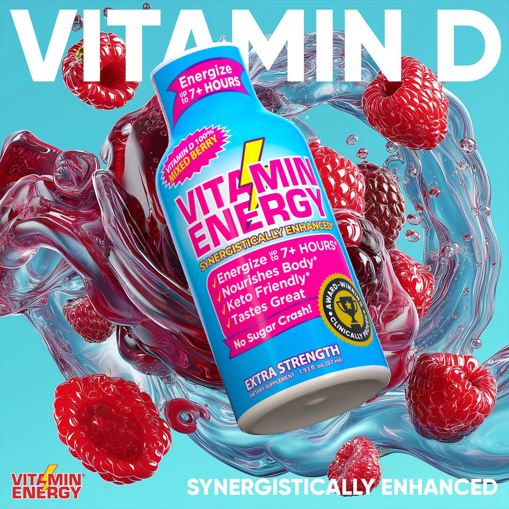 Vitamin Energy kitchen scene suggests easy, rapid energy without refrigeration.