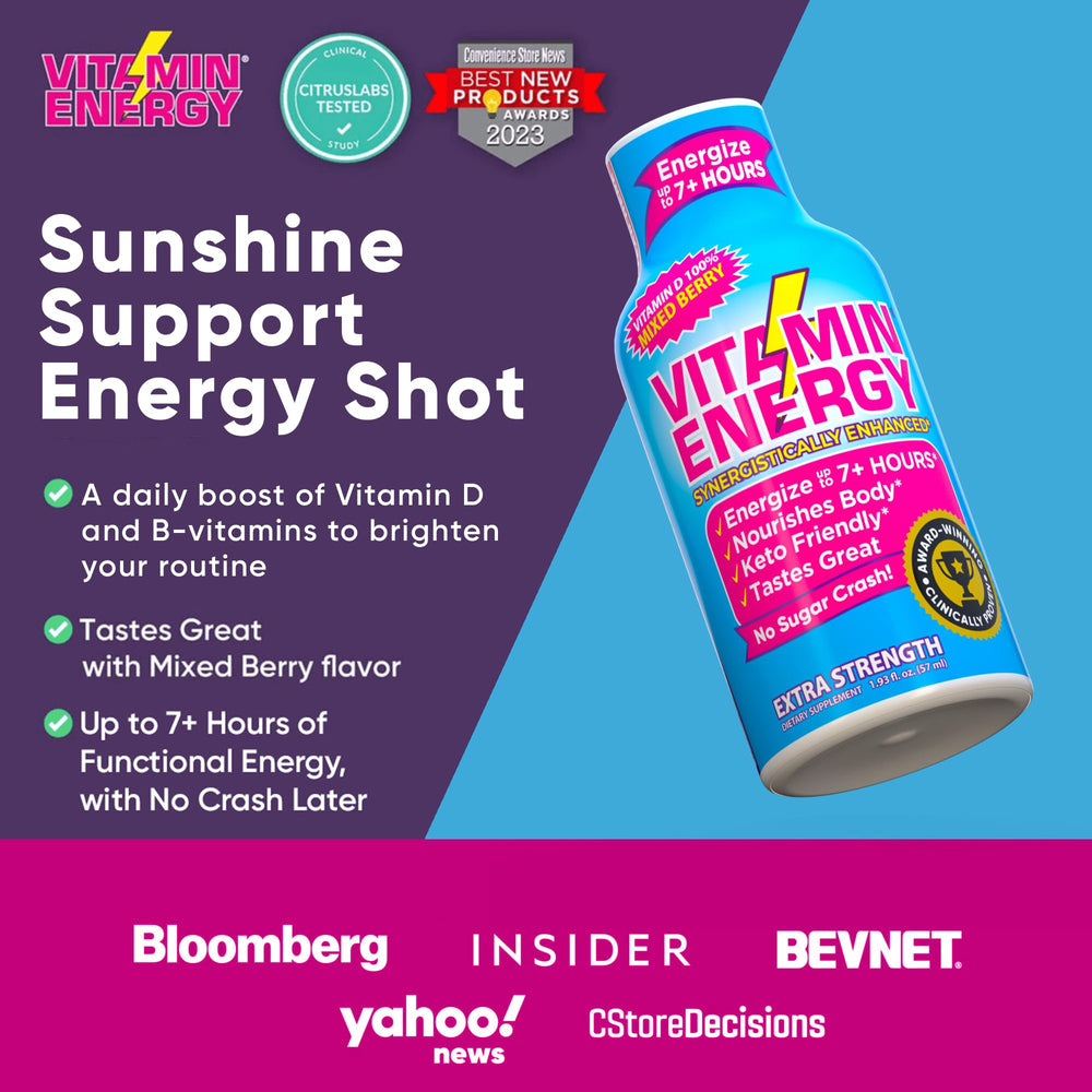 Vitamin Energy package display showcases vegan, kosher, gluten-free credentials.