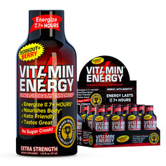 Vitamin Energy Workout+ Berry bottle on a gym bench, ready for a focused workout