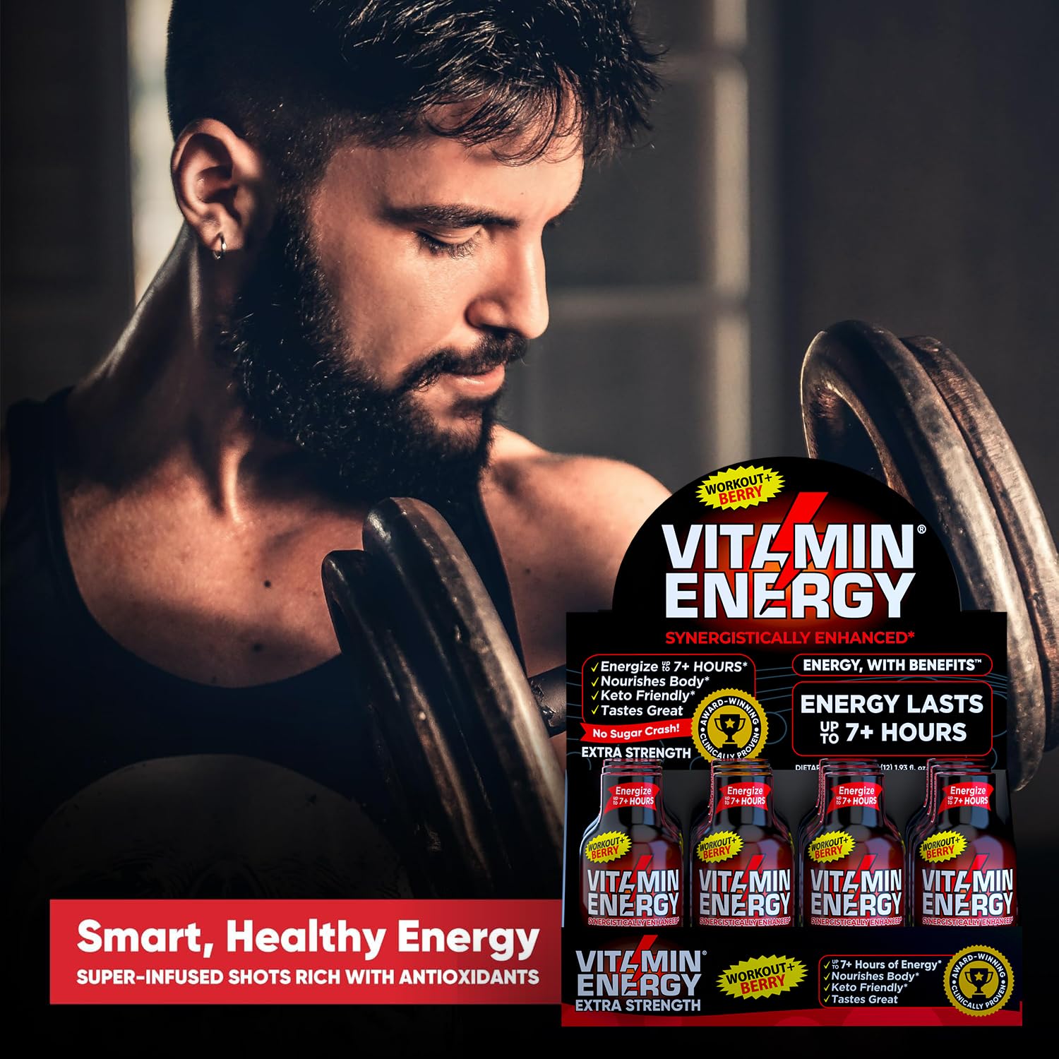 Vitamin Energy Workout+ Berry glass shot ready for quick consumption pre-workout