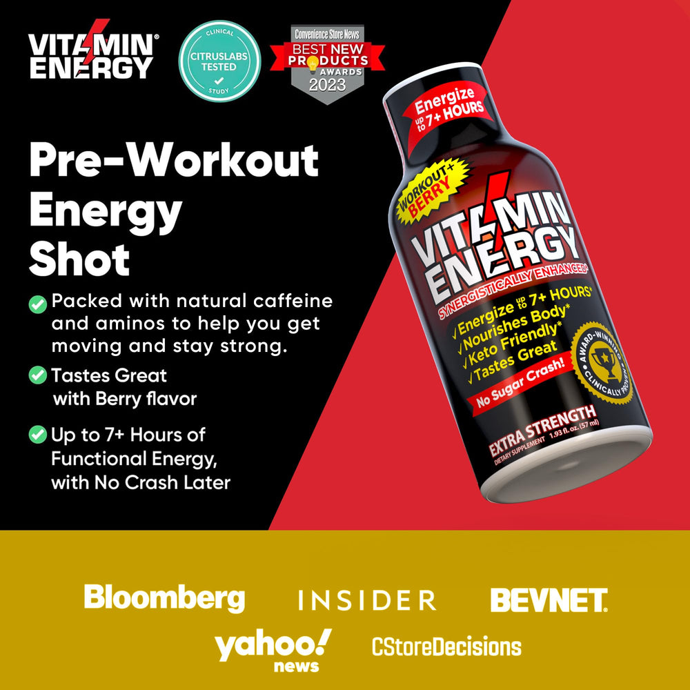 Vitamin Energy Workout+ Berry in a gym bag for portable pre-workout energy