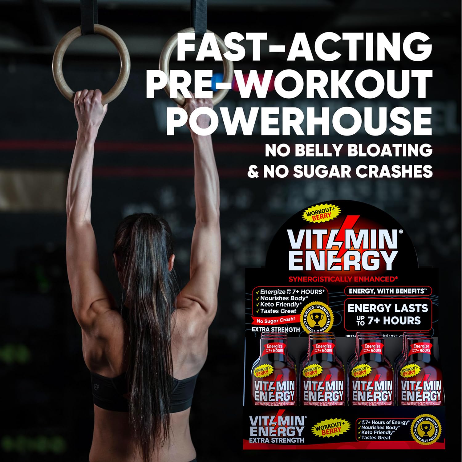 Vitamin Energy Workout+ Berry bottle on shelf signaling easy, zero-sugar energy