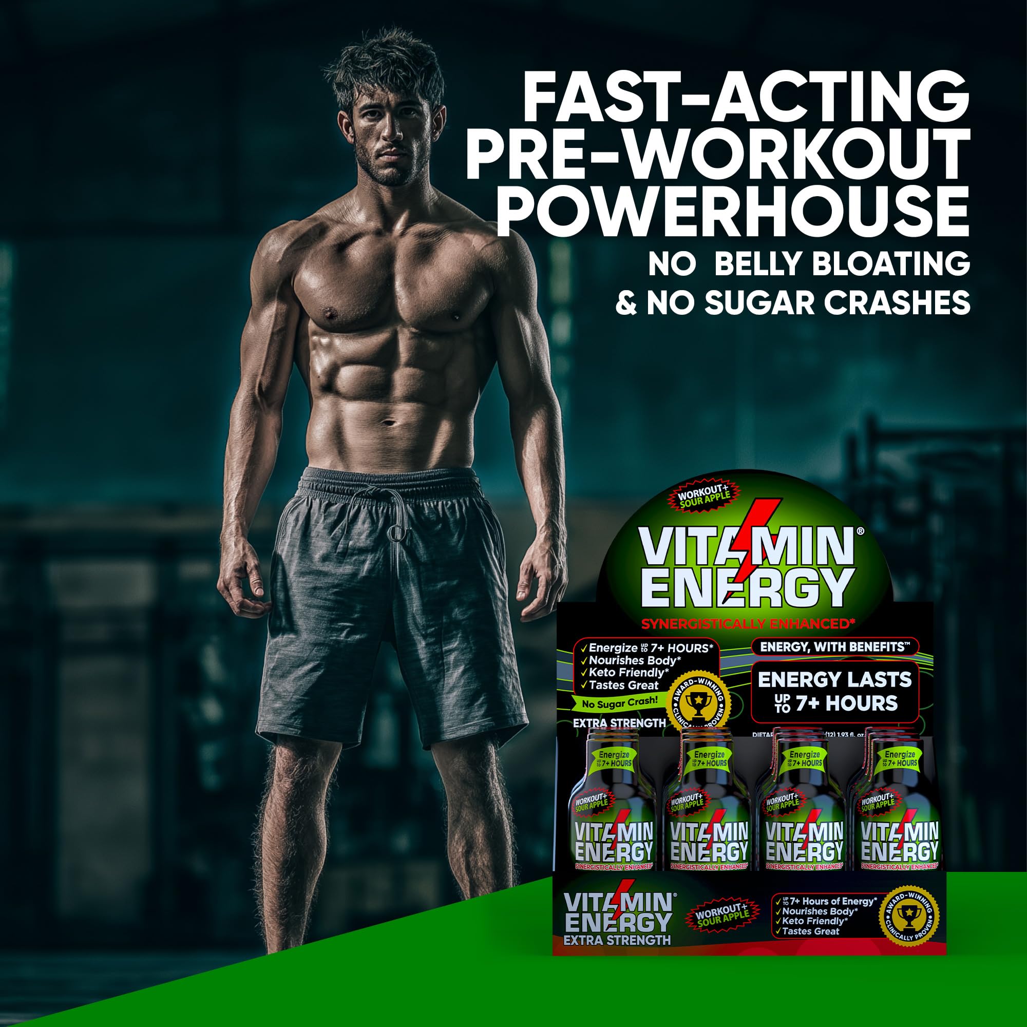 Nutrition label of Vitamin Energy Workout+ Sour Apple highlighting zero sugar