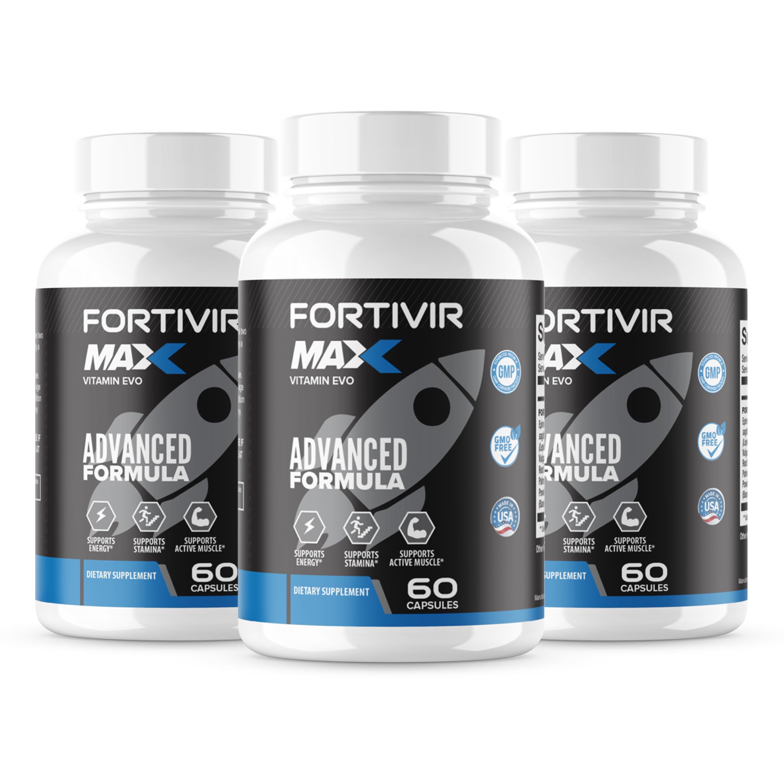 Vitamin Evo Fortivir Max bottle front view for convenient daily use in the 3-pack