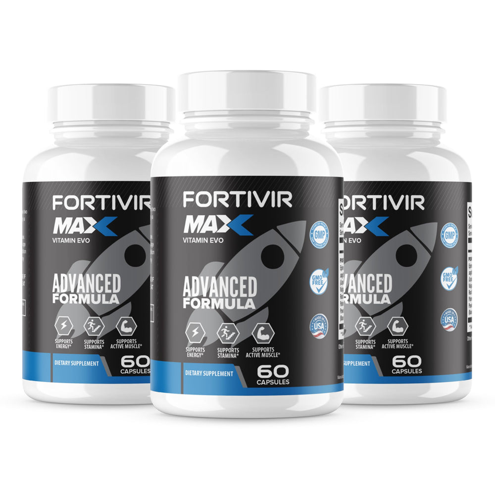 Vitamin Evo Fortivir Max bottle front view for convenient daily use in the 3-pack