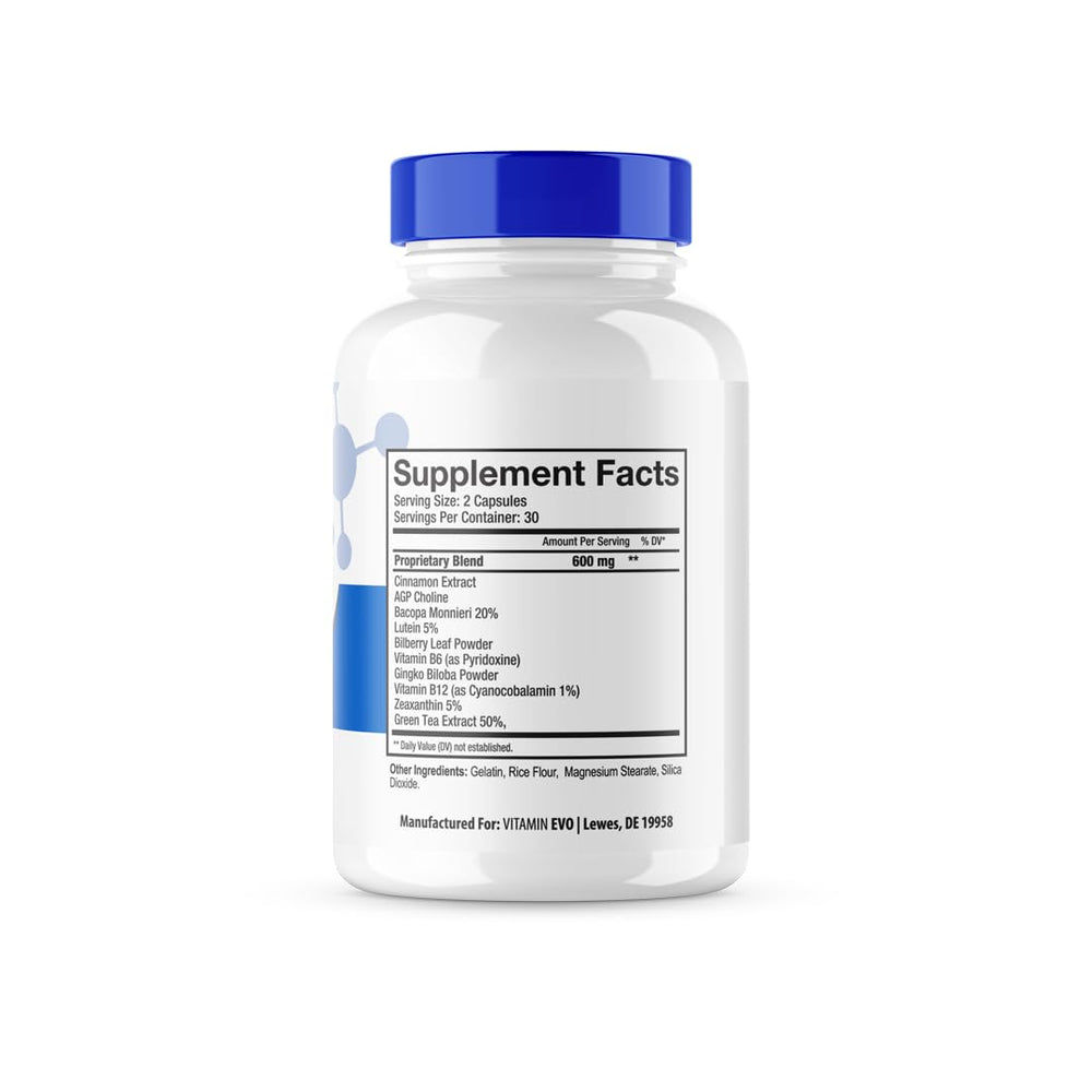Vitamin Evo Nerve Flow bottle back, showing ingredients and dosage information for a 30-day supply.