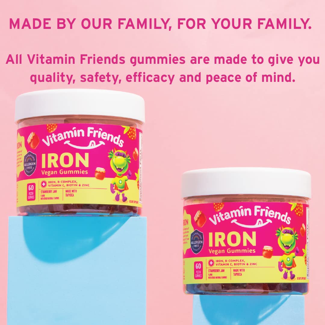 Close-up of Vitamin Friends bottle highlighting vegan ingredients and label.