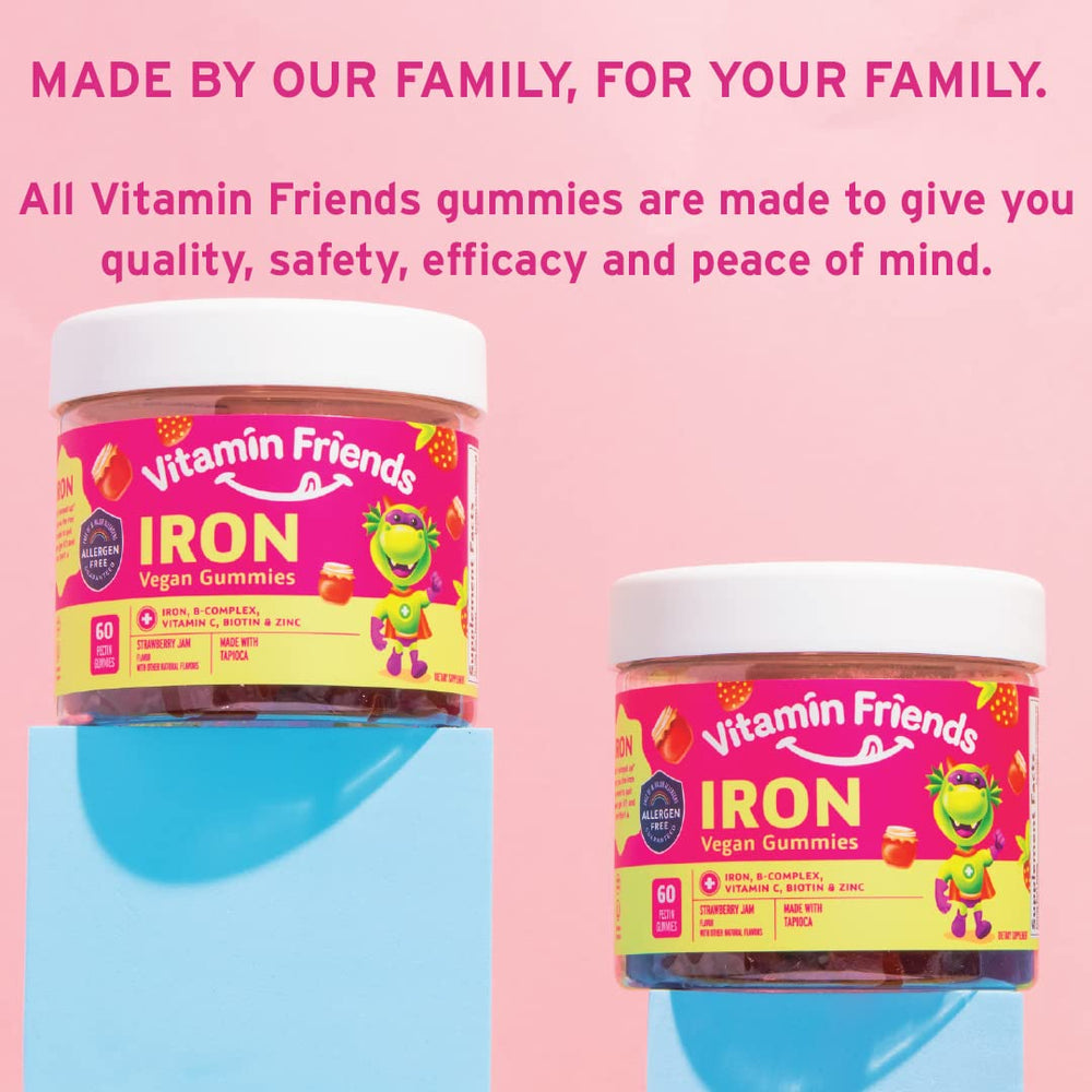Close-up of Vitamin Friends bottle highlighting vegan ingredients and label.