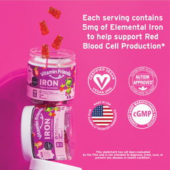 Vitamin Friends ingredients panel emphasizing vegan, gelatin-free formula and essential nutrients.