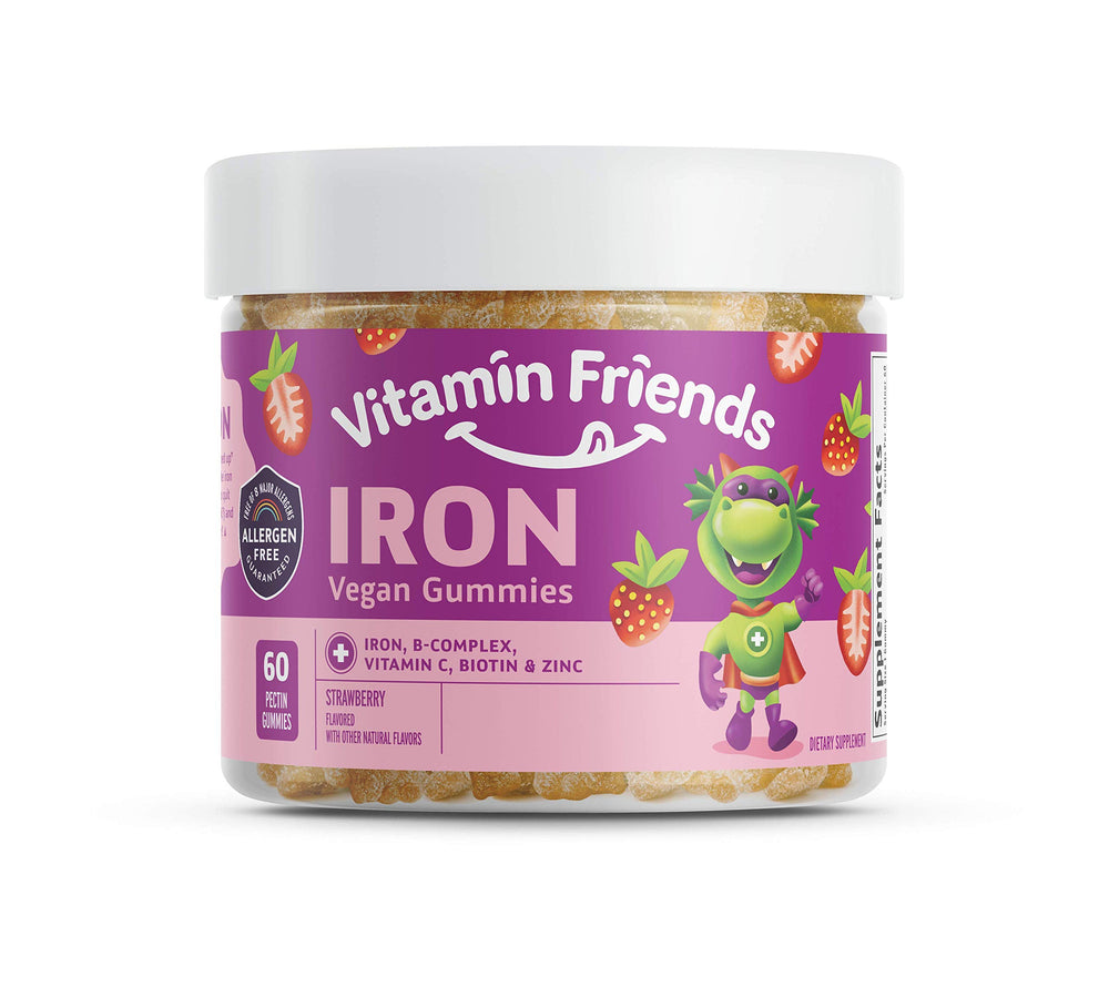 Vitamin Friends Iron Bear bottle front label with strawberry gummies for daily iron support.