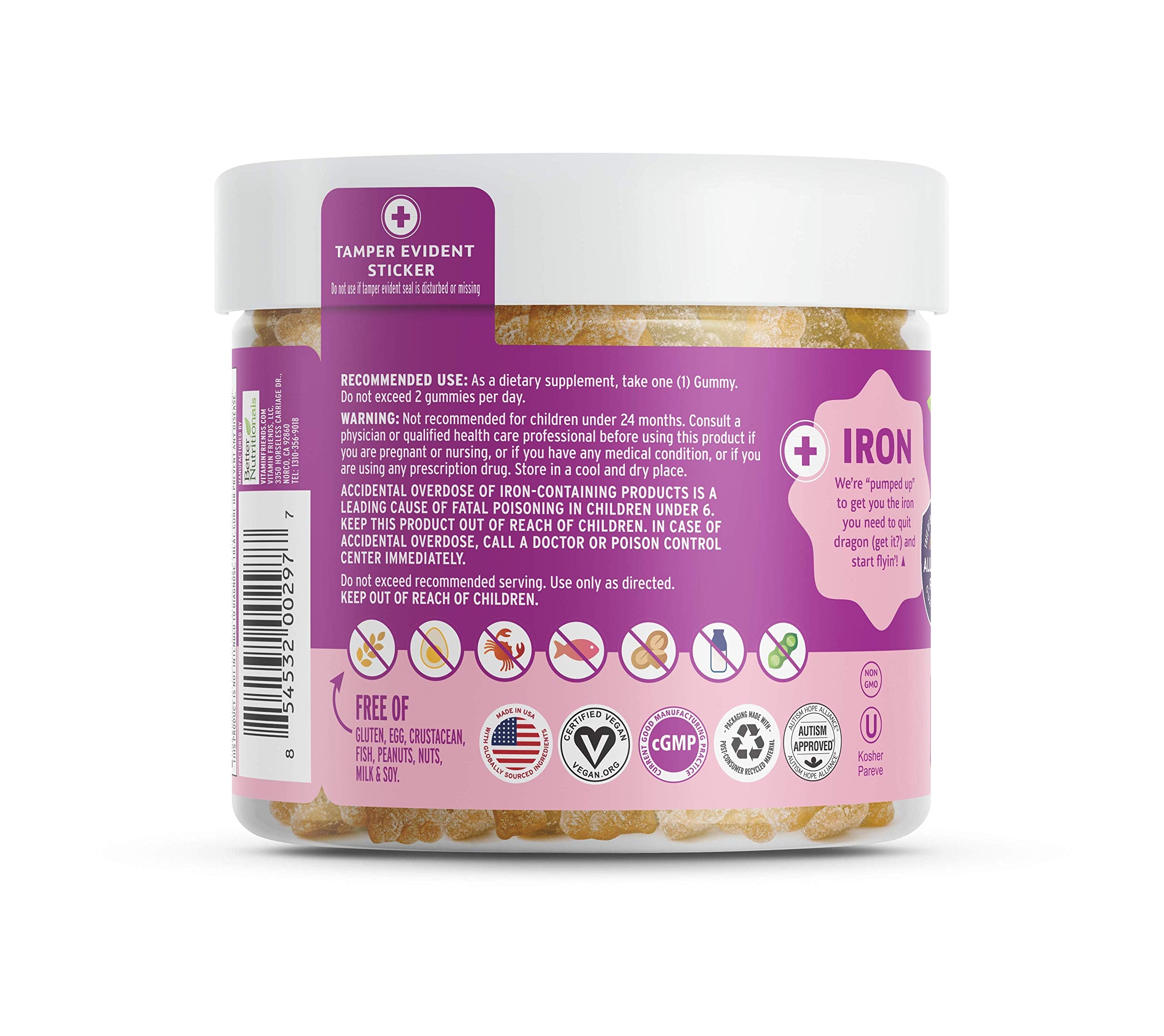 Vitamin Friends strawberry gummies close-up highlighting kid-friendly iron supplement.