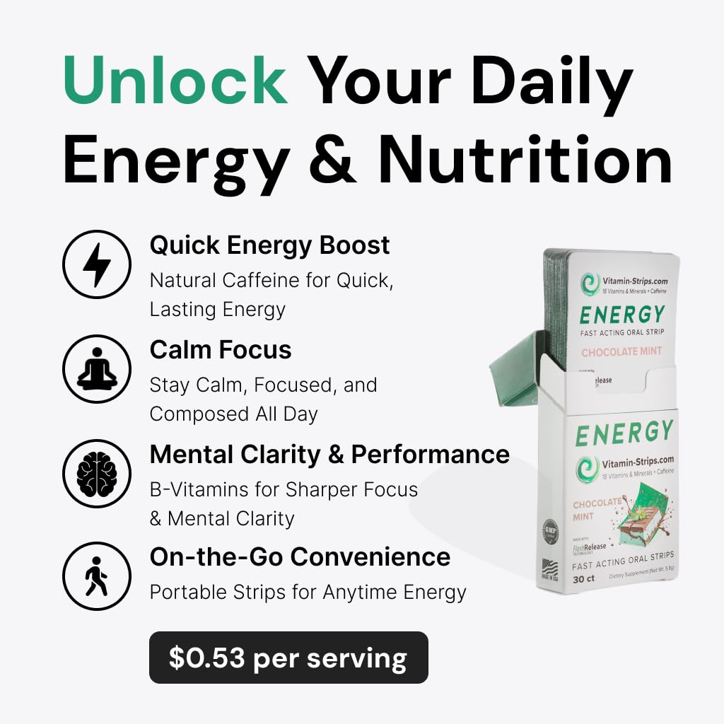 Vitamin-Strips caffeine plus vitamins blend supports calm energy and mental clarity.
