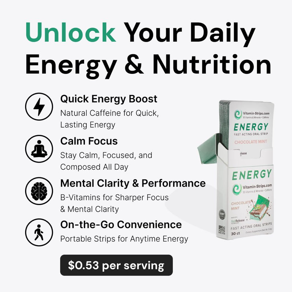 Vitamin-Strips caffeine plus vitamins blend supports calm energy and mental clarity.