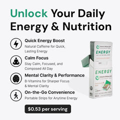 Vitamin-Strips caffeine plus vitamins blend supports calm energy and mental clarity.