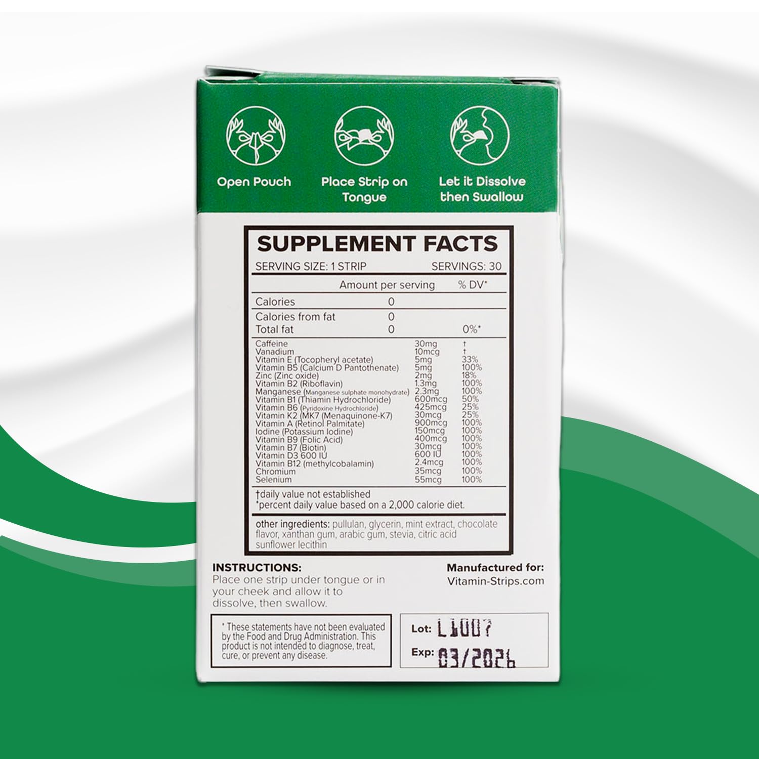 Vitamin-Strips mint-chocolate flavor strip dissolving on tongue for refreshing energy.