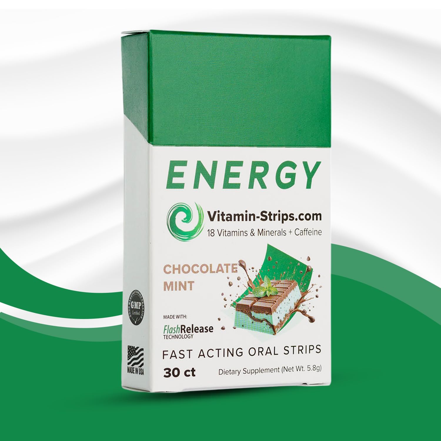 Vitamin-Strips peak-performance energy strip with mint-chocolate flavor for quick focus and energy.