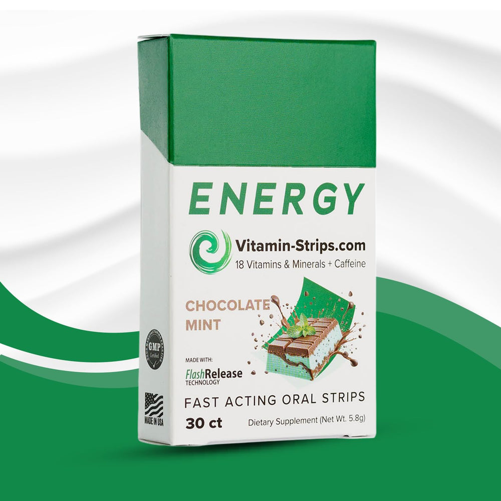 Vitamin-Strips peak-performance energy strip with mint-chocolate flavor for quick focus and energy.