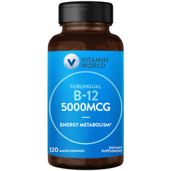 Vitamin World B-12 Sublingual Lozenges bottle highlights high potency for daily energy support.
