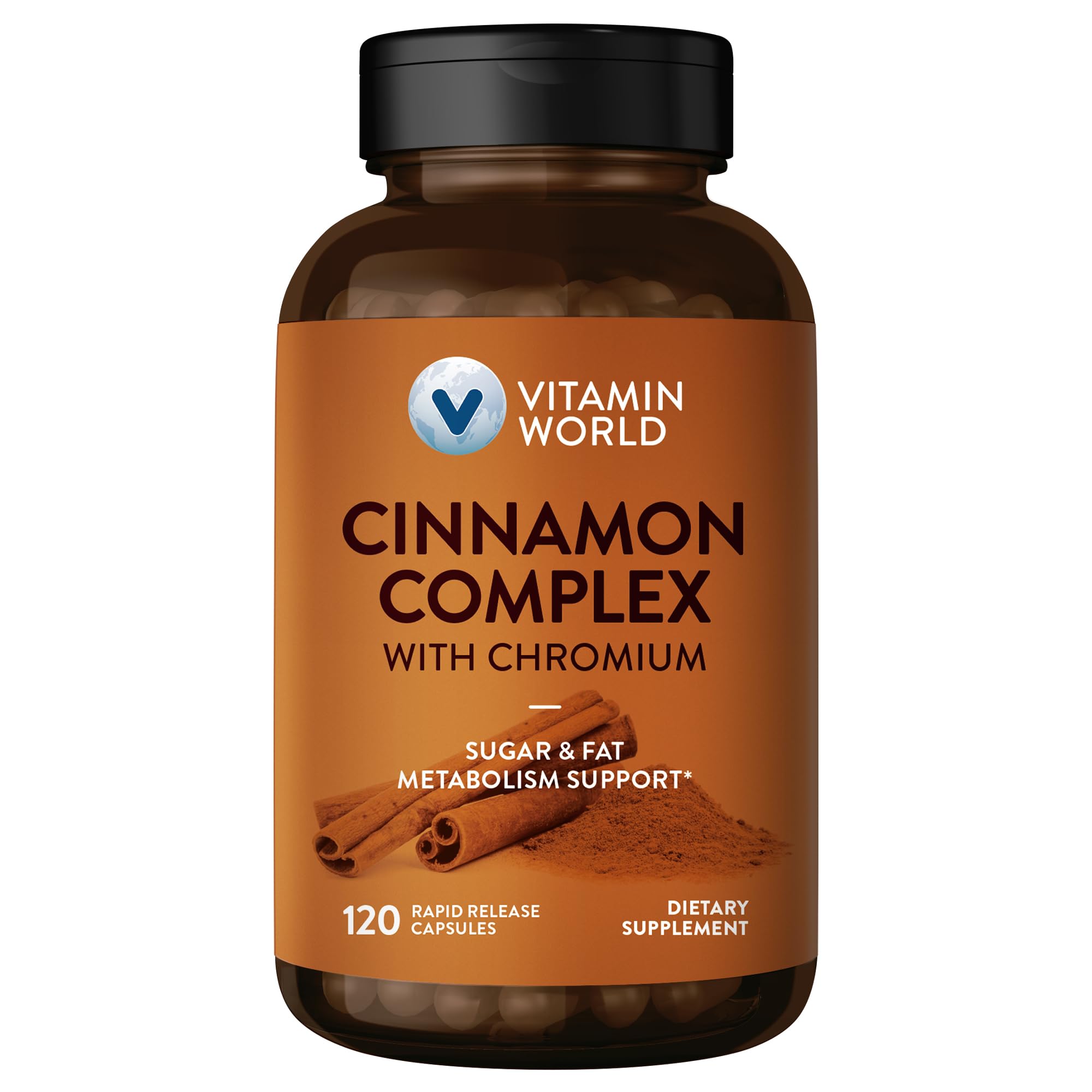 Vitamin World Cinnamon Complex bottle front view with gluten-free formulation and cinnamon potency.