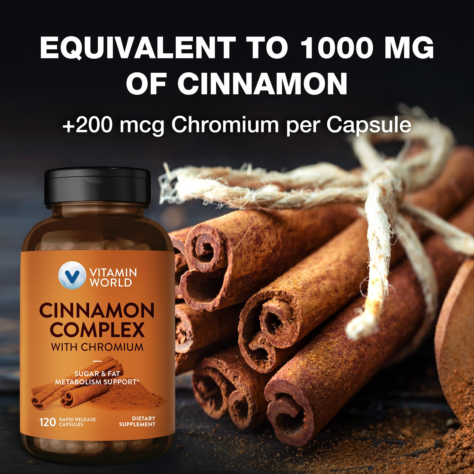 Vitamin World Cinnamon Complex bottle open with capsules ready to add to beverages or foods.