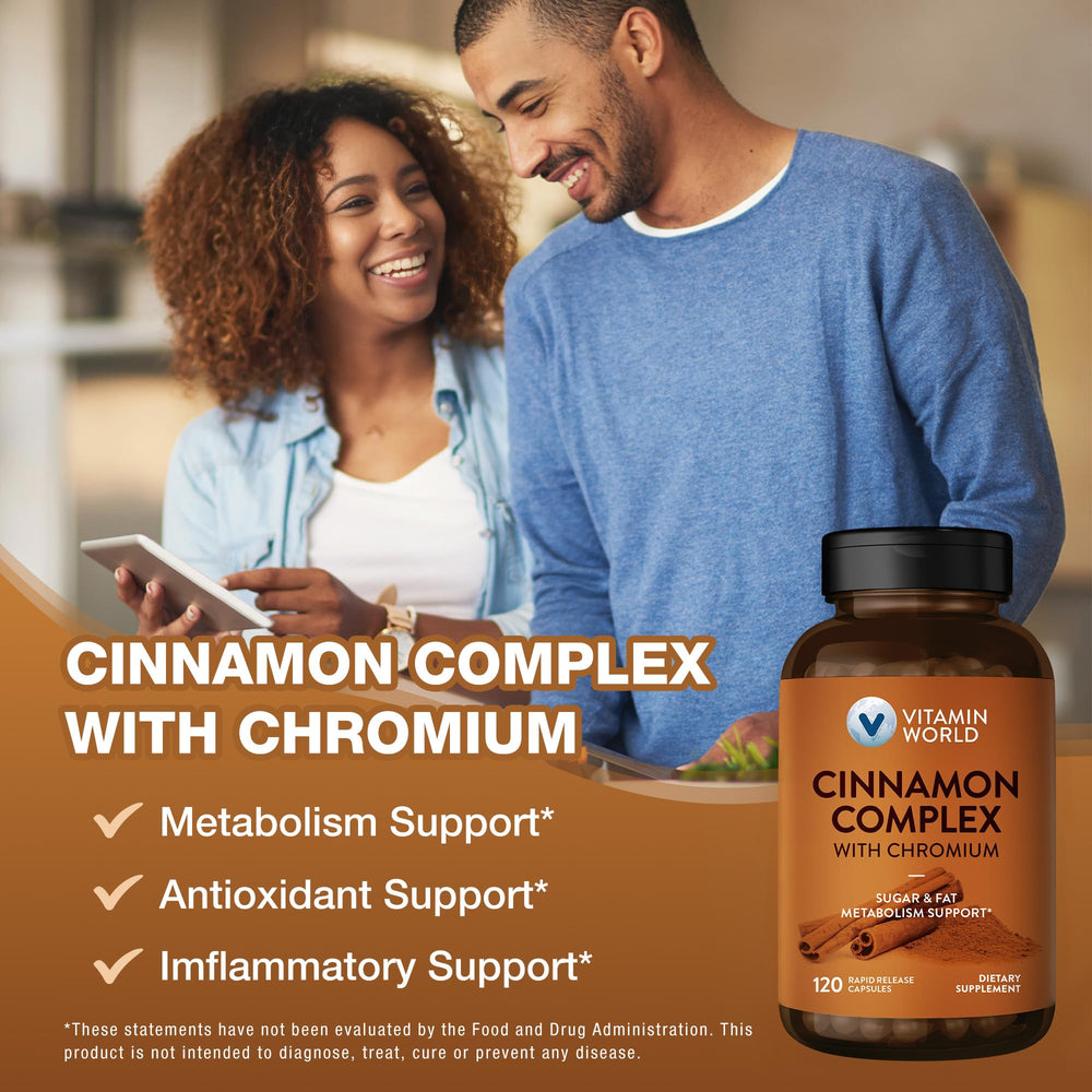 Vitamin World Cinnamon Complex capsules close-up highlighting chromium-containing formula.