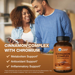 Vitamin World Cinnamon Complex capsules close-up highlighting chromium-containing formula.