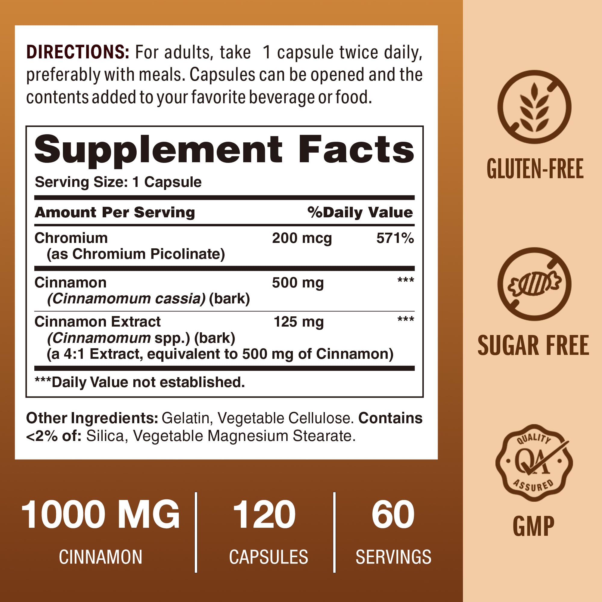 Vitamin World Cinnamon Complex capsules pile suggesting easy daily use for metabolism support.