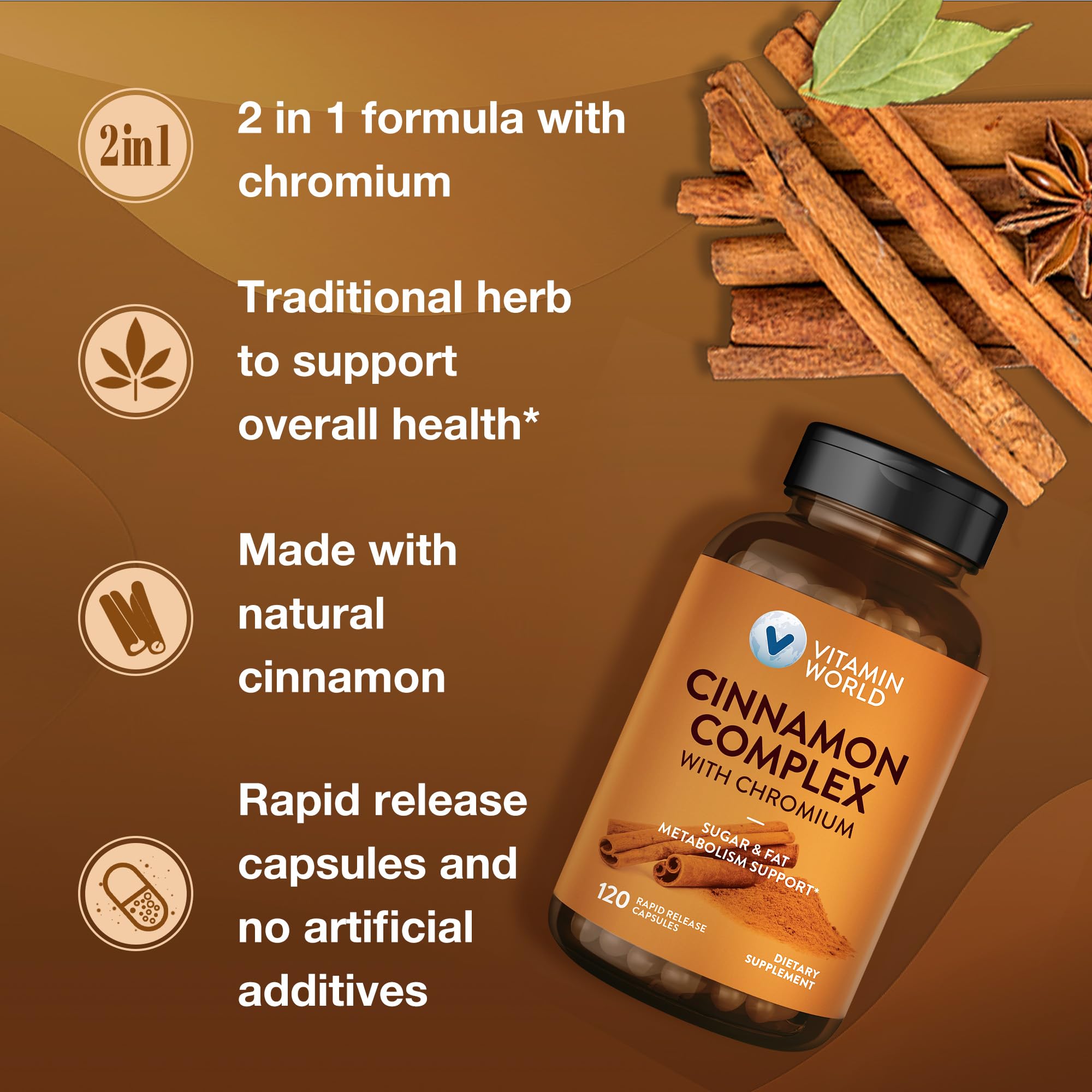 Vitamin World Cinnamon Complex with chromium dosage label emphasizes potency and daily use.