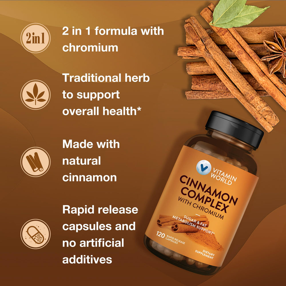 Vitamin World Cinnamon Complex with chromium dosage label emphasizes potency and daily use.