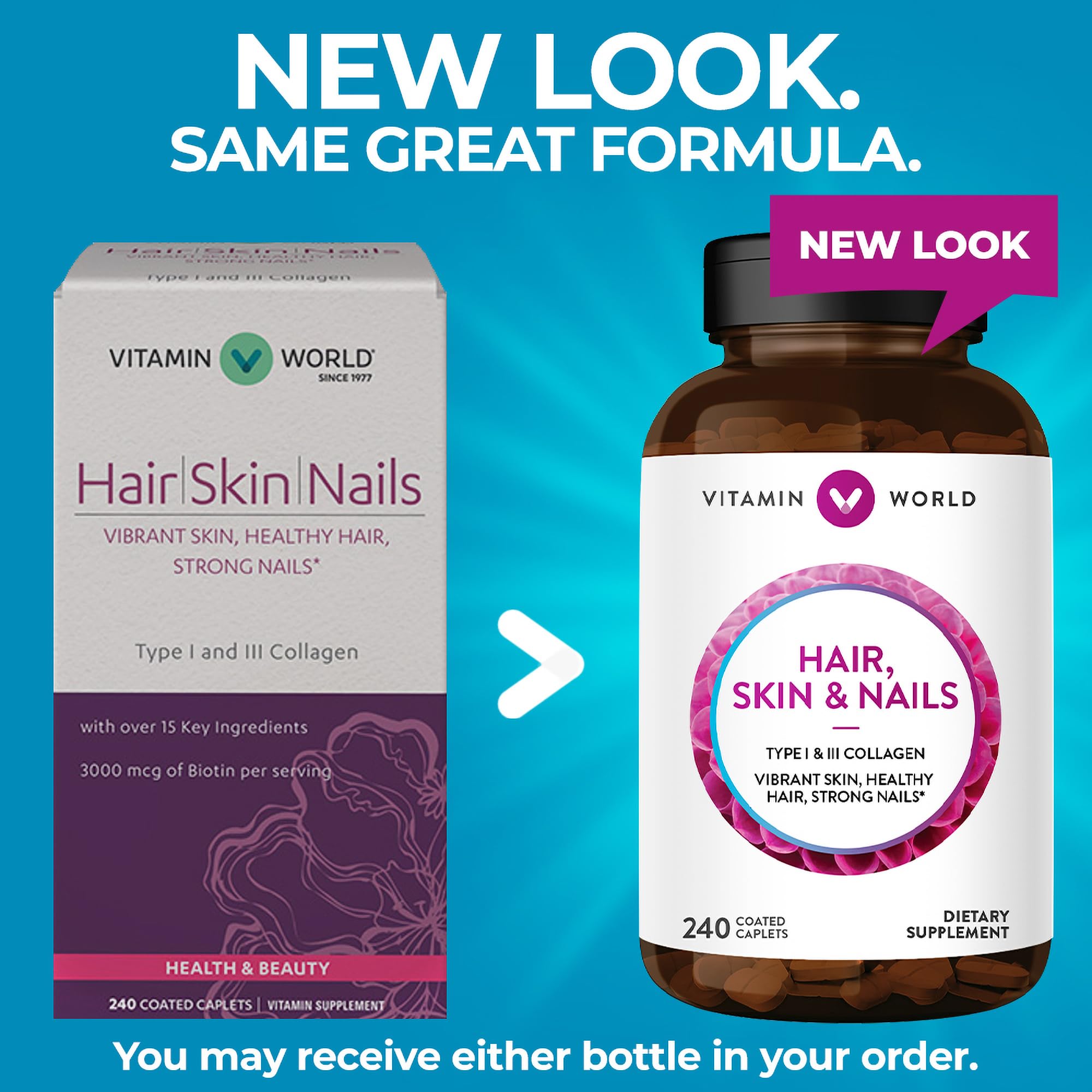 Vitamin World collagen-based formula close-up emphasizing skin support.