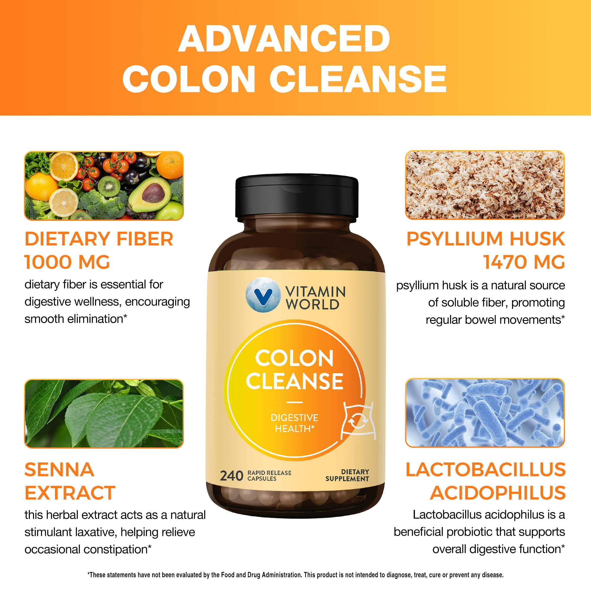 Close-up of Vitamin World Colon Cleanse capsules for daily use.