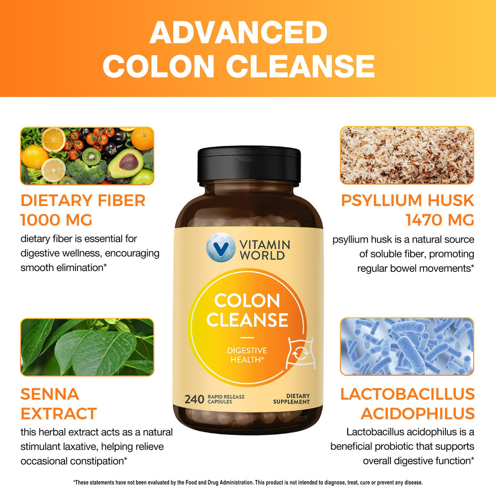 Close-up of Vitamin World Colon Cleanse capsules for daily use.