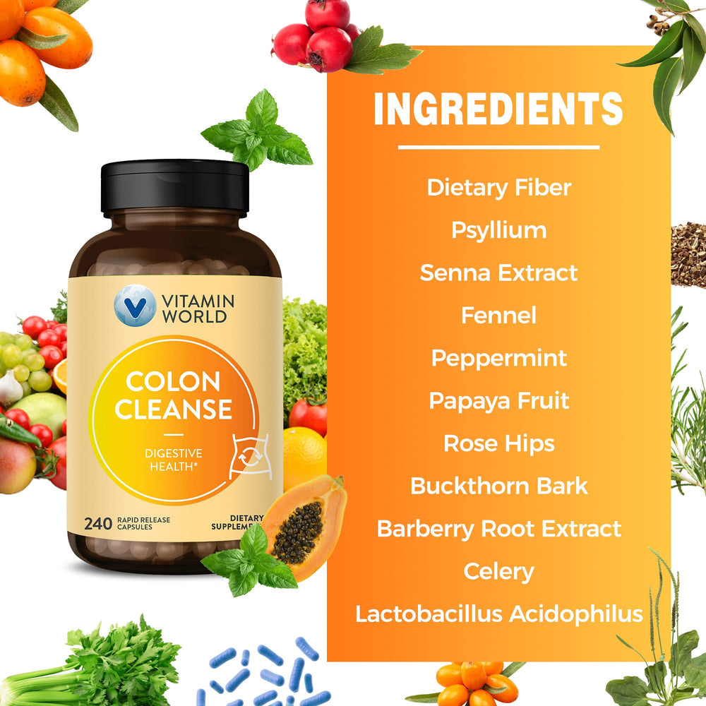 Vitamin World Colon Cleanse probiotics bottle emphasizing Lactobacillus acidophilus content for gut balance.