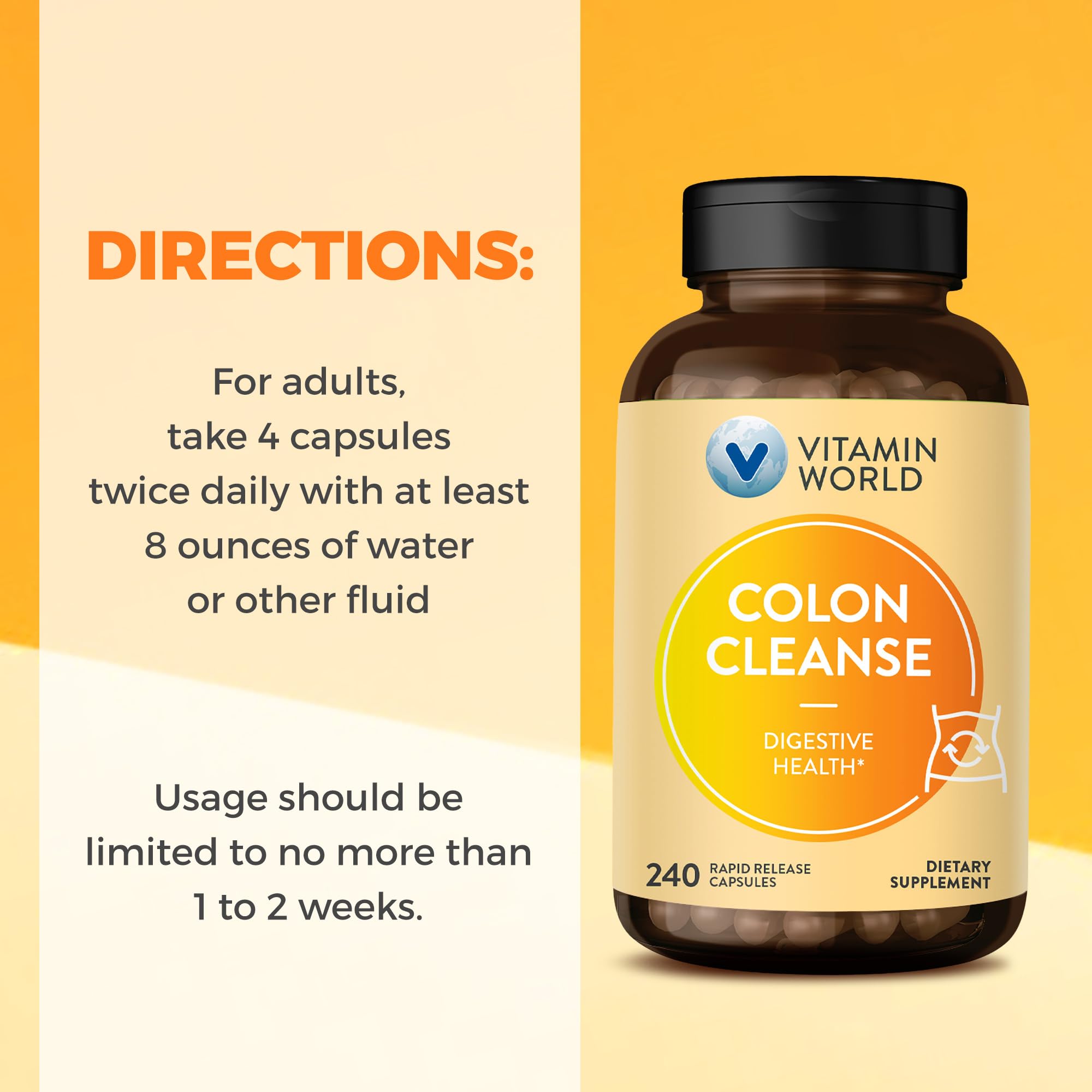 Vitamin World Colon Cleanse packaging unboxing highlighting quality and US-made claim.