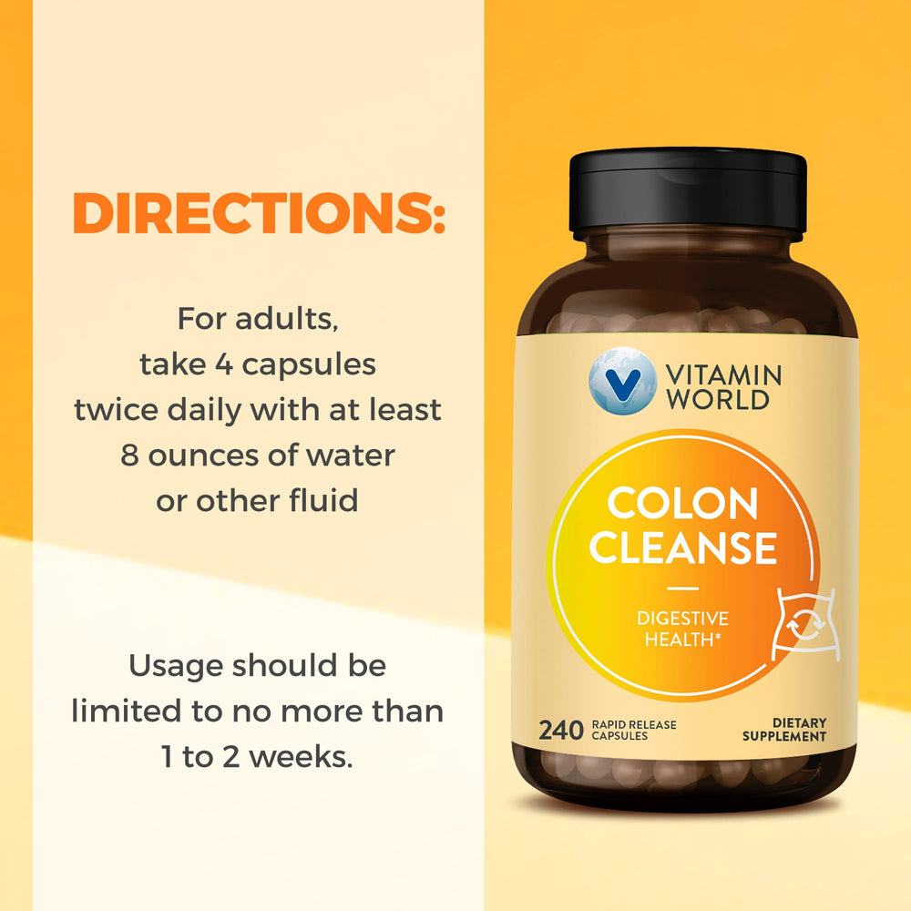 Vitamin World Colon Cleanse packaging unboxing highlighting quality and US-made claim.