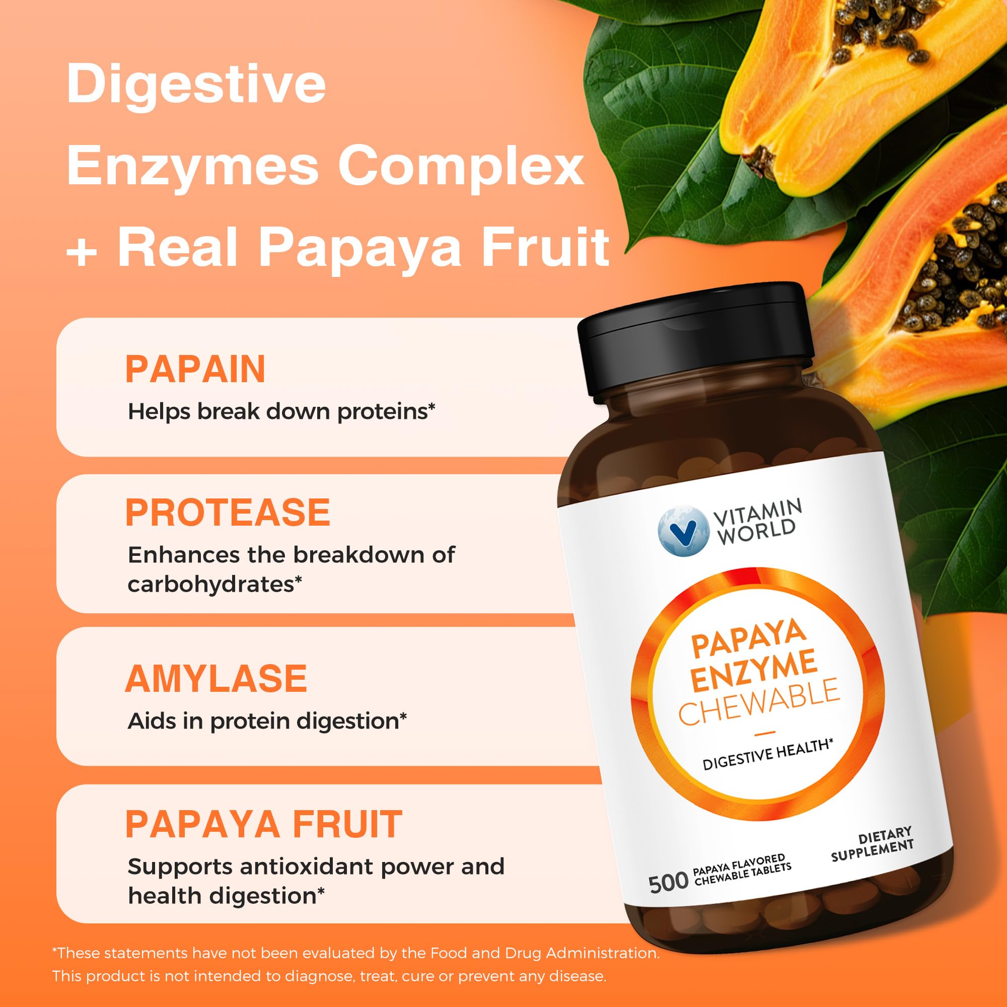 Vitamin World Digestive enzymes label highlighting papain, amylase, and protease for digestion aid