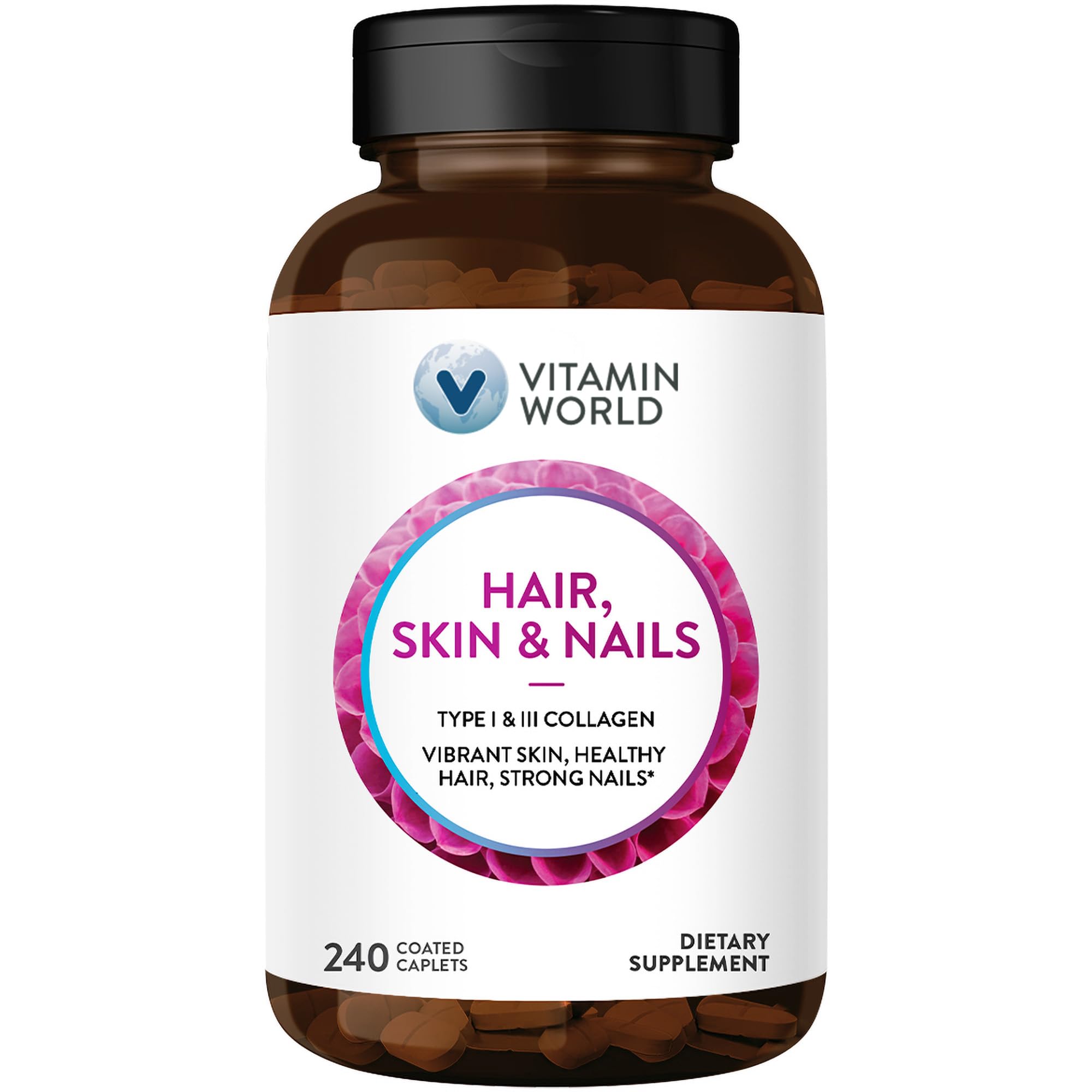 Vitamin World Hair Skin Nails formula bottle pour showing biotin support for hair and nails.